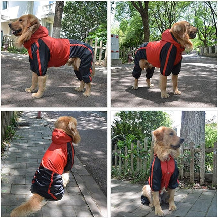 Lovelonglong Dog Hooded Raincoat, Small Dog Rain Jacket Poncho Waterproof Clothes with Hood Breathable 4 Feet Four Legs Rain Coats for Large Dogs Red L-M