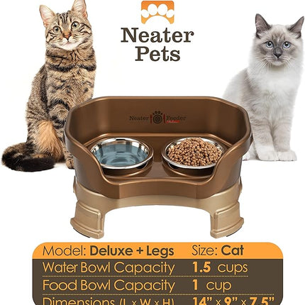 Neater Feeder Deluxe Mess Proof Cat Bowls Elevated for All Breeds – Made in USA – No Spill Raised Cat Bowls for Indoor Cats w/Leg Extensions – Stainless Steel Cat Food and Water Bowl Set - Bronze