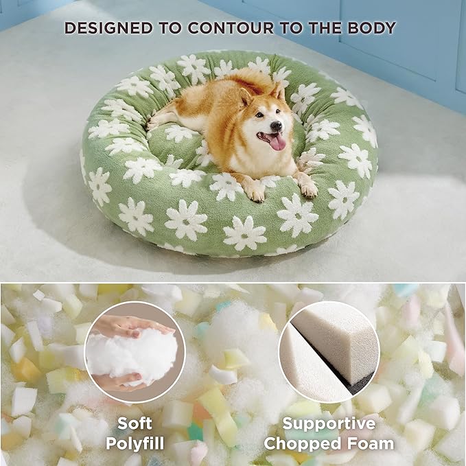 LE SURE Donut Large Dog Bed - Round Cat Beds for Indoor Anti-Anxiety Calming Pet Beds, Washable Cute Modern Beds with Jacquard Shaggy Plush & Anti Slip Bottom, 36 Inch, Green