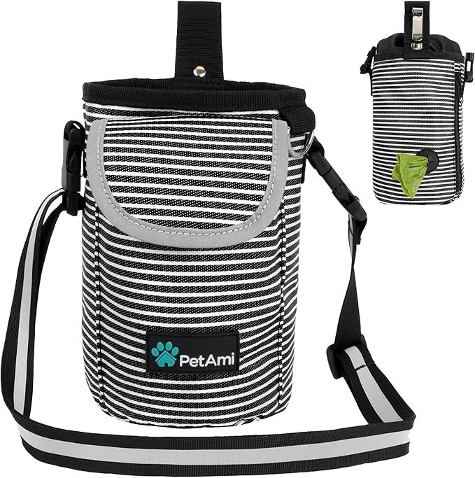 PetAmi Dog Treat Pouch, Large Pet Training Treat Pouch with Pocket, Dog Trainer Essentials Supply Holder with Poop Bag Dispenser, Training Bag for Kibbles Toys, 3 Ways to Wear (Stripe Black)