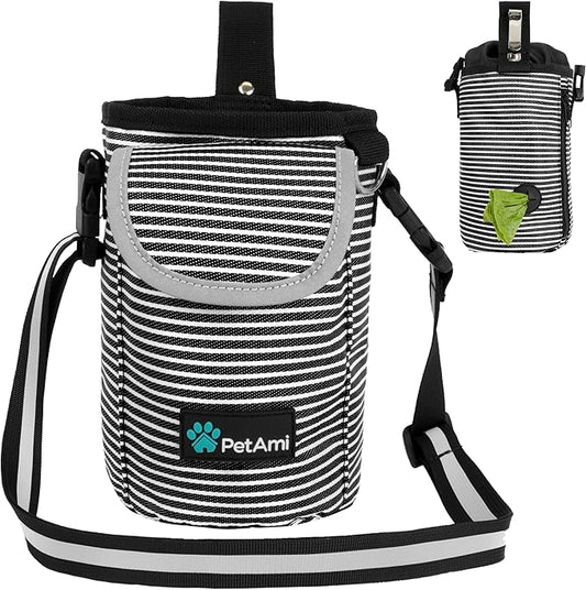 PetAmi Dog Treat Pouch, Large Pet Training Treat Pouch with Pocket, Dog Trainer Essentials Supply Holder with Poop Bag Dispenser, Training Bag for Kibbles Toys, 3 Ways to Wear (Stripe Black)