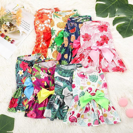 LEIFIDE 8 Pcs Summer Themed Hawaii Dog Dresses Holiday Flamingo Fruit Floral Pattern Pet Skirts Hawaii Puppy Princess Dresses Outfits Bowknot for Girl Dogs Cats Beach(Small)