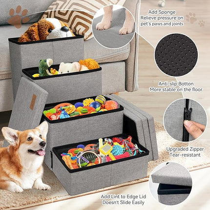 Dog Stairs with Storage 23" H, 4-Step Wider Dog Steps for High Beds Window, Folding Sturdy Pet Stairs Gift for Injured Old Dogs Cats, Ramp for Climbing Car Up to 200 lbs,(Gray, No Condo)