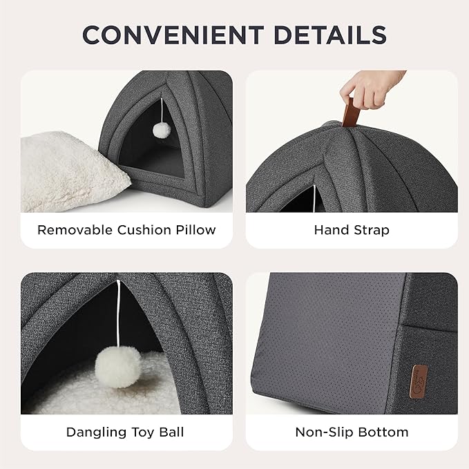 Bedsure Cat Beds for Indoor - 2 in 1 Cat Cave House Tent for Kittens and Small Pets with Removable Washable Cushioned Pillow, Foldable Kitten Hideaway with Non-Slip Bottom, Dark Grey, 16 inches