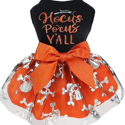 Fitwarm Hocus Pocus Y'all Funny Dog Halloween Tulle Dress, Holiday Dog Clothes for Small Dogs Girl, Funny Pirate Skull Pet Costume, Witch Cat Outfit, Orange, Black, XS