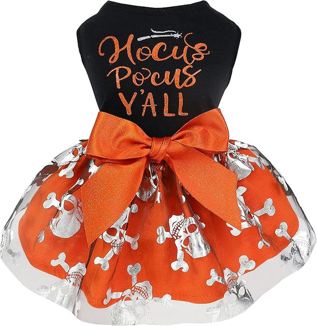 Fitwarm Hocus Pocus Y'all Funny Dog Halloween Tulle Dress, Holiday Dog Clothes for Small Dogs Girl, Funny Pirate Skull Pet Costume, Witch Cat Outfit, Orange, Black, XS