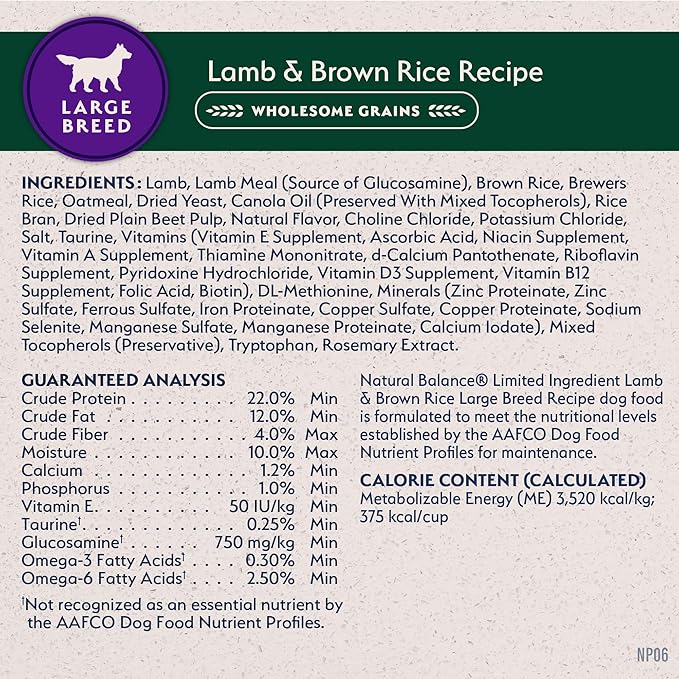 Natural Balance Limited Ingredient Large Breed Adult Dry Dog Food with Healthy Grains, Lamb & Brown Rice Recipe, 26 Pound (Pack of 1)