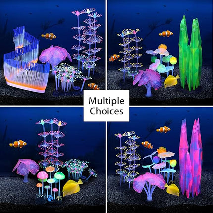 Glowing Fish Tank Decorations Plants, 4 pcs Glow Aquarium Decorations, Glowing Coral Plant Ornaments Lotus Kelp and Anemone