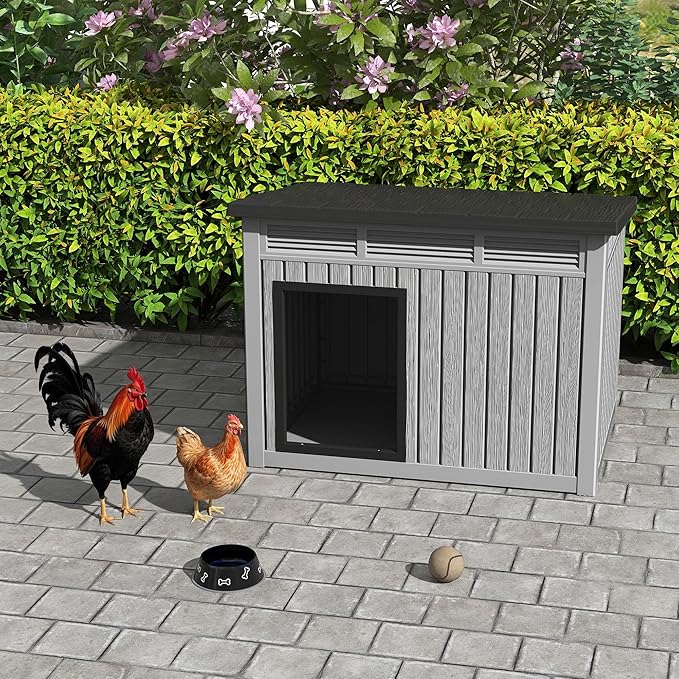 Large Chicken House Outdoor Indoor for Medium Large Dogs, Durable Plastic Waterproof Chicken House with Air Vents and Elevated Floor, Easy Clean and Assemble (Grey, 42.8" L x 33" W x 31.5" H)
