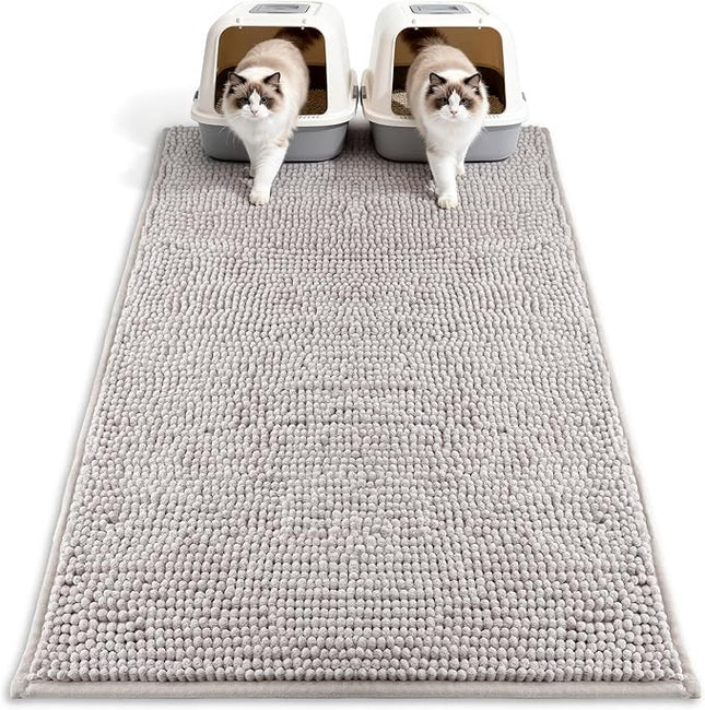 Pieviev Chenille Cat Litter Mat for Litter Box, 48"x36" Soft Ultra Absorbent Mat, Waterproof & Non-Slip, Easy to Clean Litter Trapping Mat for Indoor Cats, Gray
