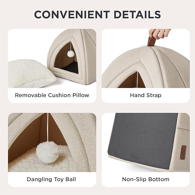 Bedsure Cat Beds for Indoor - 2 in 1 Cat Cave House Tent for Kittens and Small Pets with Removable Washable Cushioned Pillow, Foldable Kitten Hideaway with Non-Slip Bottom, Beige, 17.3 inches