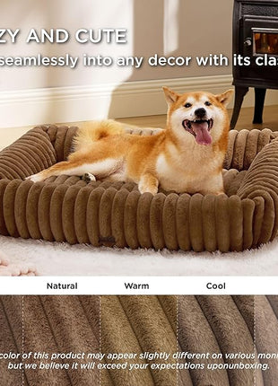 Bedsure Cute Dog Bed for Large Dogs - Washable Furry Puppy Beds, Rectangle Orthopedic Corduroy Fleece Pet Beds with Removable Zipper Cover, 36x27x8inches, Camel Brown