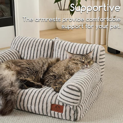 Hollypet Fluffy Plush Pet Cat Couch Soft Calming Pet Sofa Beds for Medium Small Cats and Dogs, Dark Gray Stripes