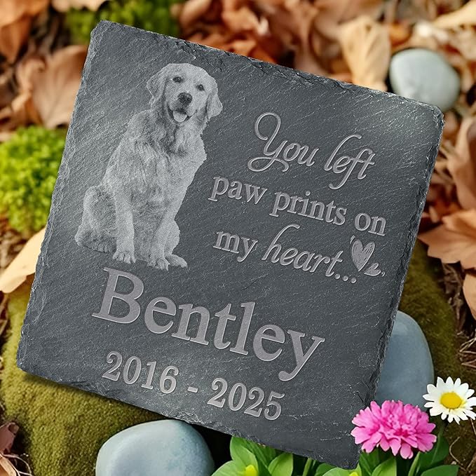 Pet Memorial Stone with Photo, Dog Memorial Gifts for Loss of Dog, Personalized Pet Memorial Gifts, Pet Loss Gift - Paw Prints On My Heart（Square）