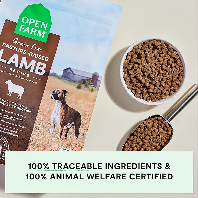 Open Farm, Grain-Free Dry Dog Food, Complete & Balanced Kibble, Sustainably & Ethically Sourced Ingredients, Non-GMO Veggies & Superfoods Support Overall Health, Pasture Raised Lamb Recipe, 11lb Bag