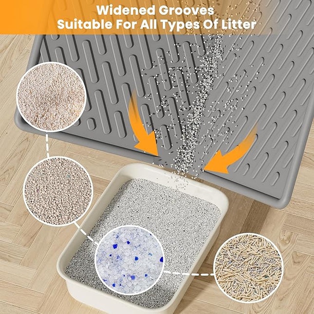 Pieviev Cat Litter Box Mat, 24"x 17" EVA Scratch Resistant Litter Trapping Mat, Easy Clean for Scatter Control, Soft on Kitty Paws, Waterproof & Urine Proof for Indoor Use, Gray