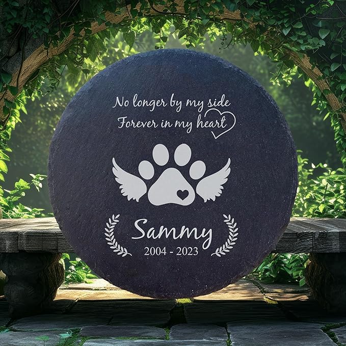 Personalized Pet Memorial Stone for Dogs and Cats | Custom Laser-Etched Weatherproof Garden Grave Marker | Natural Stone Bereavement Headstone Sympathy Gift | 4, 6, 10, or 12 Inch Heart or Circle Shape (A3)