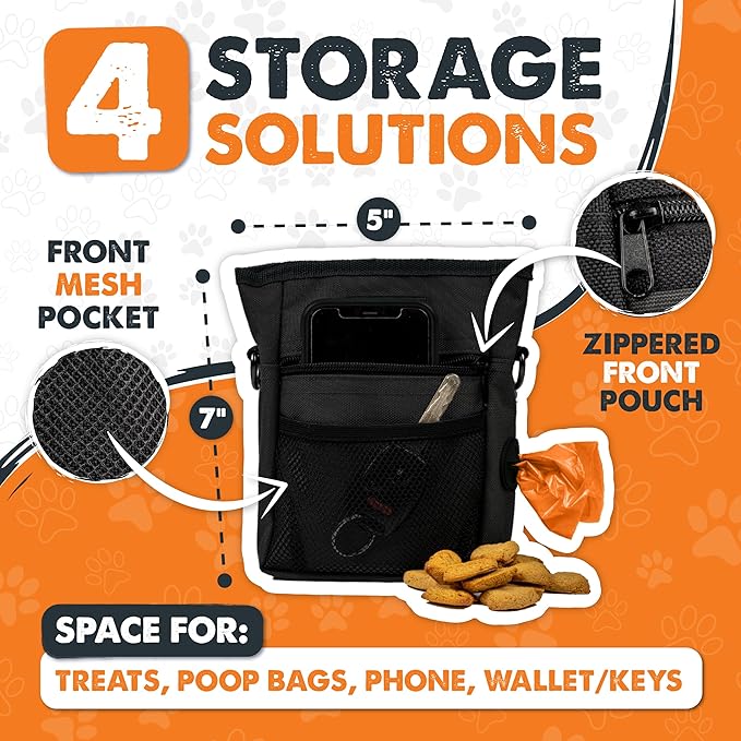 Mighty Paw Dog Treat Pouch | No Spill Magenetic Clasp - Hands-Free Pouches for Training - Pets Training Treat Pouches for Dog Walks - Pet Bags Pouch - Built in Poop Bag Holder - Black