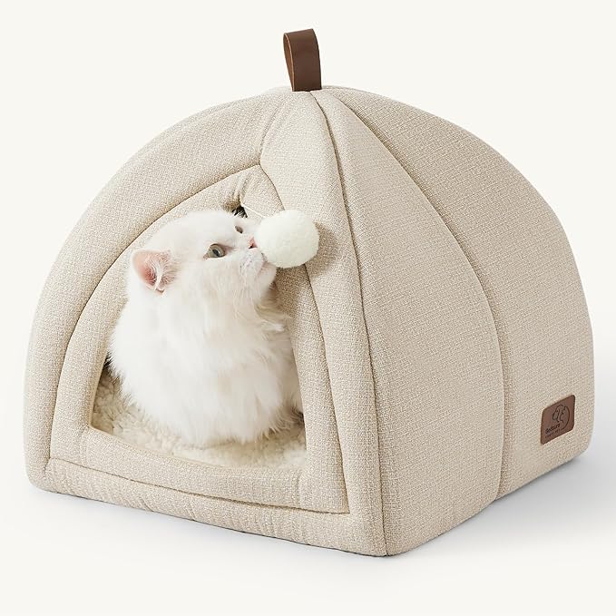 Bedsure Cat Beds for Indoor - 2 in 1 Cat Cave House Tent for Kittens and Small Pets with Removable Washable Cushioned Pillow, Foldable Kitten Hideaway with Non-Slip Bottom, Beige, 16 inches