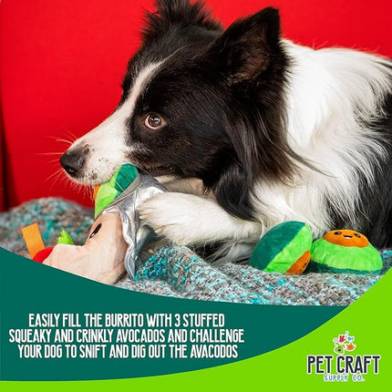 Pet Craft Supply Hide and Seek Plush Dog Toys Crinkle Squeaky Interactive Burrow Activity Puzzle Chew Fetch Treat Hiding Brain Stimulating Cute Funny Toy Bundle Pack - Burrito, for Medium Breeds