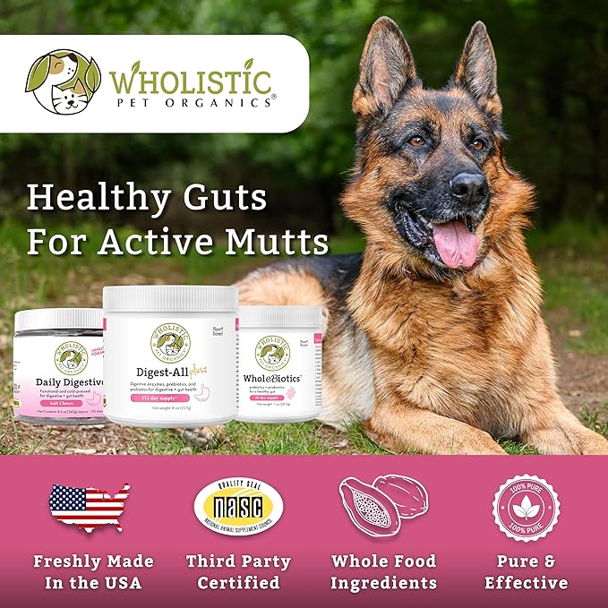 Wholistic Pet Organics Probiotics for Dogs with Digestive Enzymes & Prebiotic Fiber - 8 Oz - Daily Cat & Dog Probiotics for Digestive Health, Anti Diarrhea & Gut Support - Natural Powder Supplement