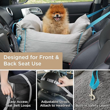 Lesure Small Dog Car Seat for Small Dogs - Waterproof Dog Booster Seat for Car with Storage Pockets and Clip-On Safety Leash and Thickened Memory Foam Filling, Pet Travel Carrier Bed Grey Grid