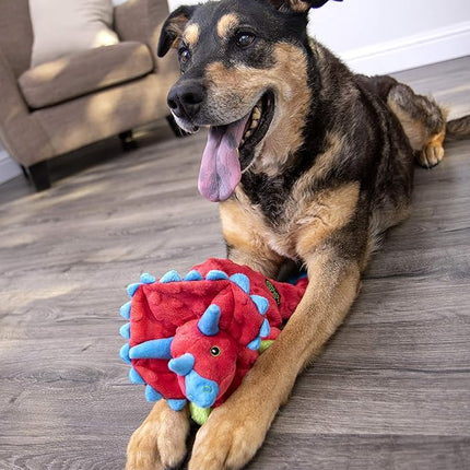 goDog Dinos Frills Squeaky Plush Dog Toy with Chew Guard Technology, Durable Fabric & Squeaker for Active Play, Red, Large
