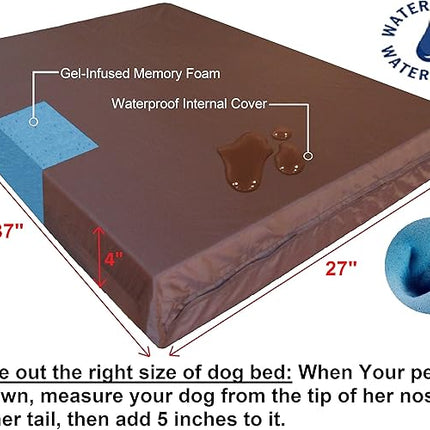 Dogbed4less Medium Large Orthopedic Heavy Duty Gel Infused Memory Foam Pet Bed, Waterproof Liner, Denim in Brown 37X27X4 Inches