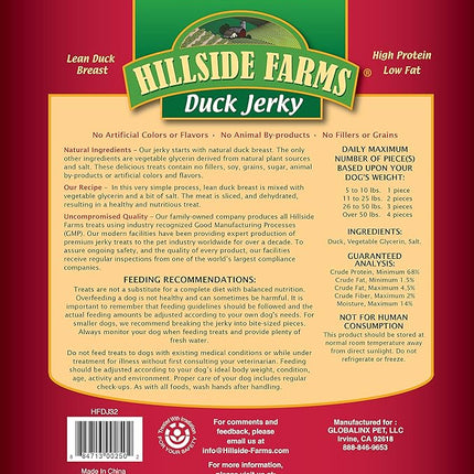 Hillside Farms Duck Jerky Dog Treats with Only 3 Ingredients and No Fillers, 2 Pound Bag
