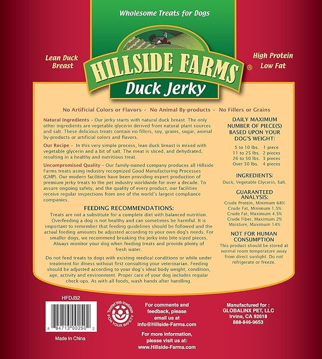 Hillside Farms Duck Jerky Dog Treats with Only 3 Ingredients and No Fillers, 2 Pound Bag