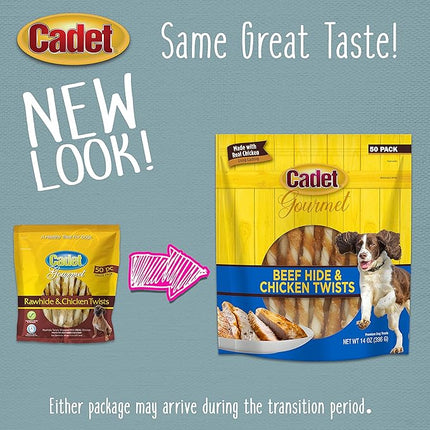 Cadet Gourmet 5-Inch Beef Hide Twist Chew Sticks, Long-Lasting and Natural Rawhide Chews for Dogs, Inspected & Tested in USA, Chicken Flavor, 50 Count