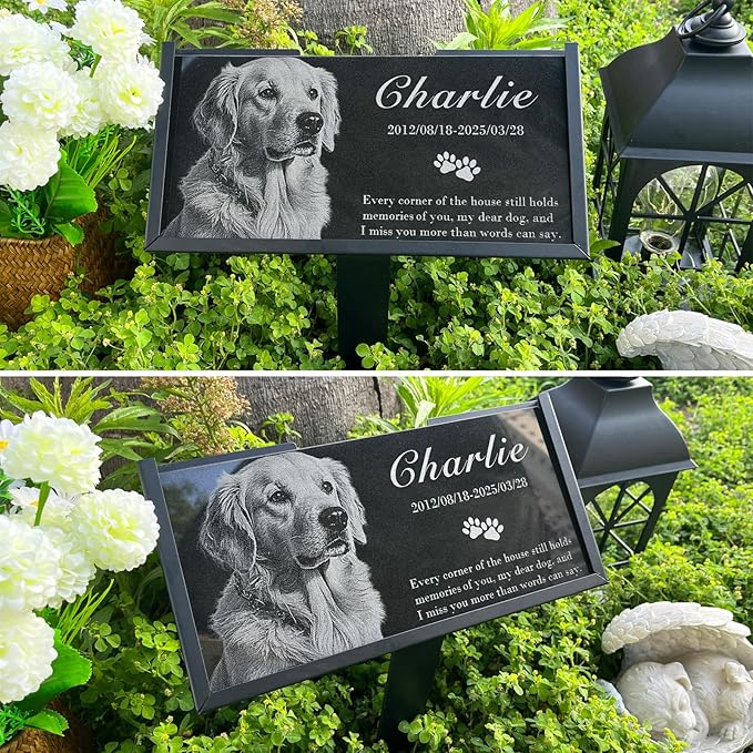 Personalized Engraved Pet Memorial Stone - Custom Granite Grave Marker for Dogs, Cats - Heartfelt Outdoor Garden Tombstone with Photo, In Loving Memory Keepsake Gift for Loss of Beloved Dog or Cat