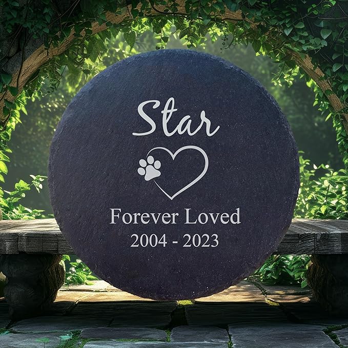 Personalized Pet Memorial Stone for Dogs and Cats | Custom Laser-Etched Weatherproof Garden Grave Marker | Natural Stone Bereavement Headstone Sympathy Gift | 4, 6, 10, or 12 Inch Heart or Circle Shape (A4)