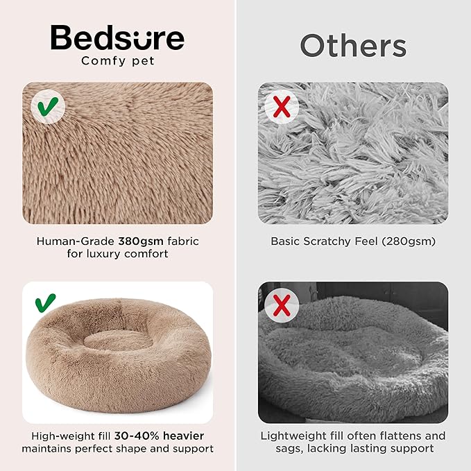 Bedsure Calming Dog Bed Medium Large Size Dogs - Donut Washable Large Pet Bed, 33 inches Anti-Slip Round Fluffy Plush Faux Fur Dog Bed, Camel