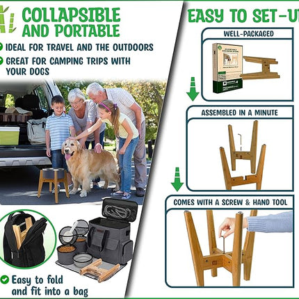 Dog Bowl Stand (12-inch High) - Ideal for Large Breeds - Adjustable Sideways, Slanted Feet - Elevates, Raises Pet Food Feeders, Water Dishes, Fountains, Dispensers - Bamboo Stand Only