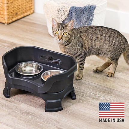 Neater Feeder Deluxe Mess Proof Cat Bowls Elevated for All Breeds – Made in USA – No Spill Raised Cat Bowls for Indoor Cats w/Leg Extensions – Stainless Steel Cat Food and Water Bowl Set - Black