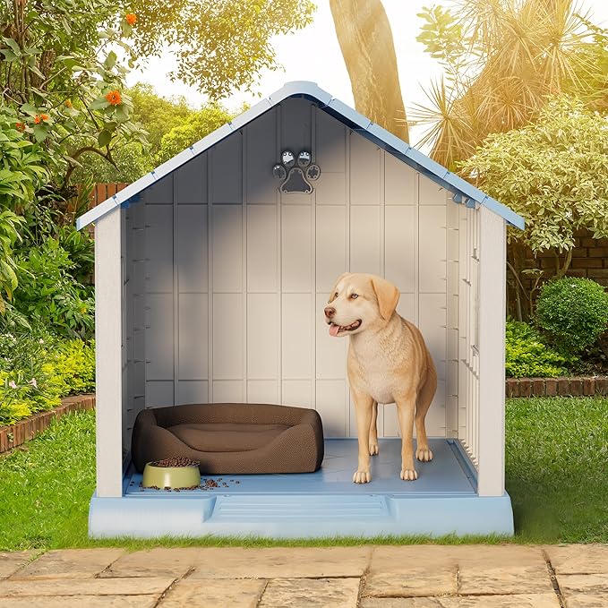 Large Dog House Outdoor Indoor for Medium Large Dogs, Durable Plastic Waterproof Doghouse with Air Vents and Elevated Floor, Easy Clean and Assemble (Blue, 37.2" L x 40" W x 40" H)