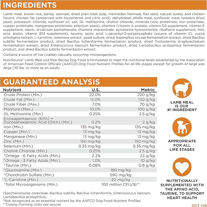 NutriSource Adult Dry Dog Food, Lamb Meal and Rice, 26LB