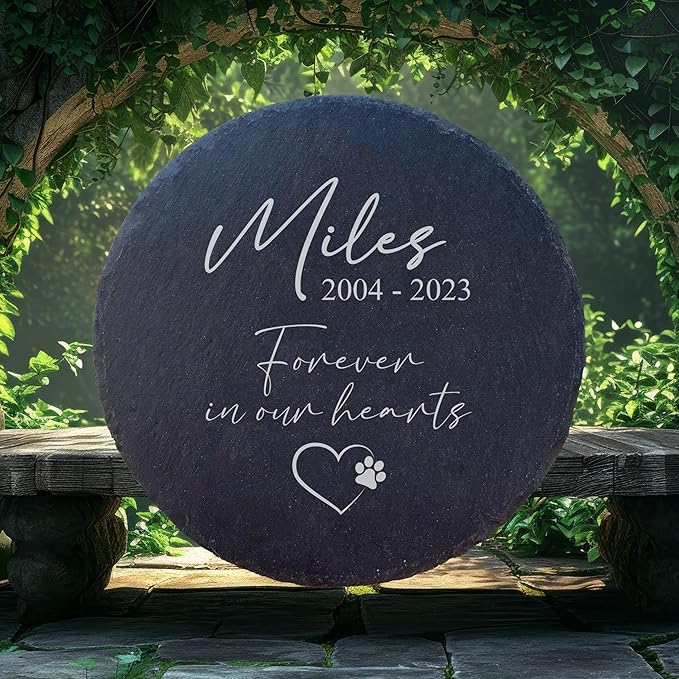 Personalized Pet Memorial Stone for Dogs and Cats | Custom Laser-Etched Weatherproof Garden Grave Marker | Natural Stone Bereavement Headstone Sympathy Gift | 4, 6, 10, or 12 Inch Heart or Circle Shape (A2)