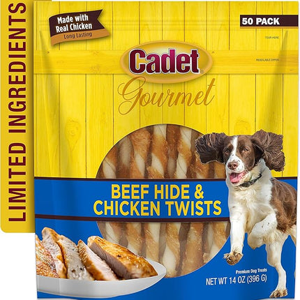 Cadet Gourmet 5-Inch Beef Hide Twist Chew Sticks, Long-Lasting and Natural Rawhide Chews for Dogs, Inspected & Tested in USA, Chicken Flavor, 50 Count