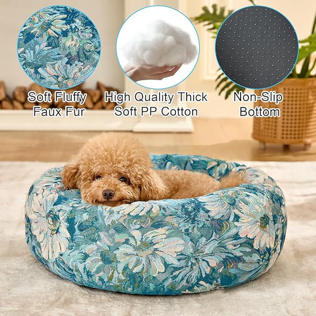 Dog Calming Beds for Small Medium Large Dogs - Round Donut Washable Puppy Dog Bed, Anti-Slip Faux Fur Fluffy Donut Cuddle Anxiety Cat Pet Bed (32" Flower)
