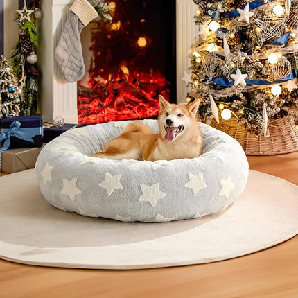 LE SURE Donut Large Dog Bed - XL Round Cat Beds Indoor Anti-Anxiety Calming Gift for Pets, Washable Cute Modern Beds with Jacquard Shaggy Plush & Anti Slip Bottom, 36 Inch, Christmas Grey