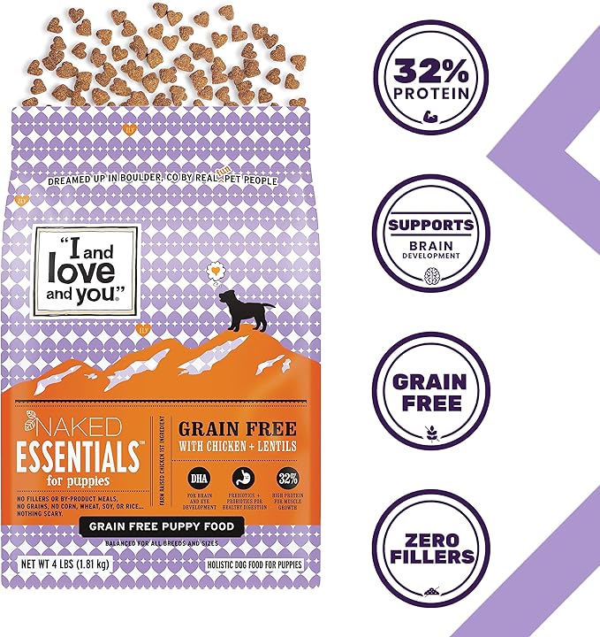 I and love and you Naked Essentials Dry Dog Food for Puppies - Chicken + Lentils - High Protein, Real Meat, No Fillers, Prebiotics + Probiotics, 4lb Bag