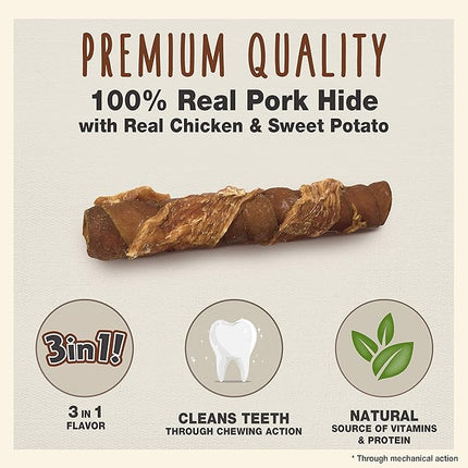 Cadet Gourmet Triple Chews Long-Lasting Pork Hide Sticks with Sweet Potato and Chicken, Healthy Dog Treats for Small & Large Dogs, 6 Count (Pack of 2)