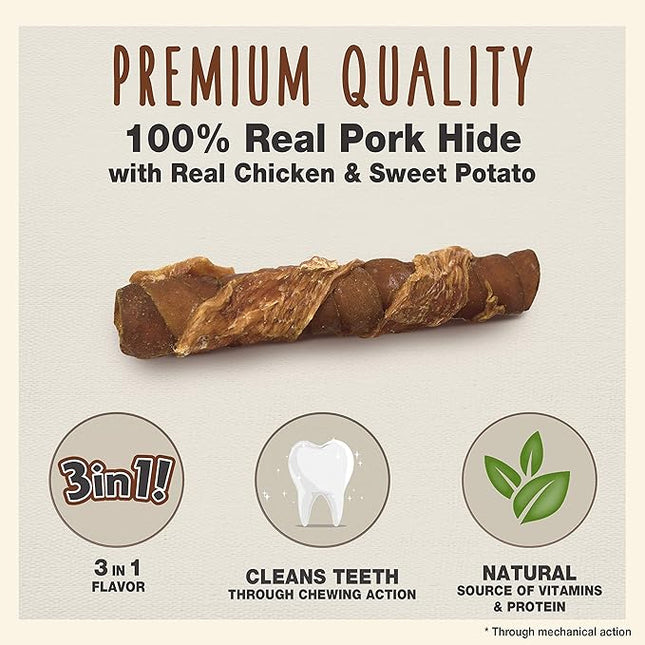 Cadet Gourmet Triple Chews Long-Lasting Pork Hide Sticks with Sweet Potato and Chicken, Healthy Dog Treats for Small & Large Dogs, 6 Count