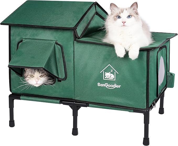 Outdoor Cat House Weatherproof, Clawsable Cat Houses with Insulation Layer, Foldable Cats Shelter, Large Cave Bed for Pets Up to 55lbs for Garden, Patio, or Backyard (Green-L)