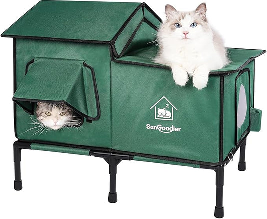 Outdoor Cat House Weatherproof, Clawsable Cat Houses with Insulation Layer, Foldable Cats Shelter, Large Cave Bed for Pets Up to 55lbs for Garden, Patio, or Backyard (Green-L)