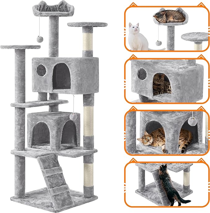 Yaheetech Multi-Level Cat Tree Cat Tower for Indoor Cats Cat Condo Furniture with Sisal Scratching Post, 61in, Light Gray