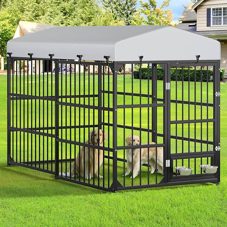 YITAHOME Large Outdoor Dog Kennel with Rotating Feeder Bowls, 8'L x 4'W x 5.4'H Dog Pens Outside with Roof, Heavy Duty Dog Cage for Medium Large Dogs