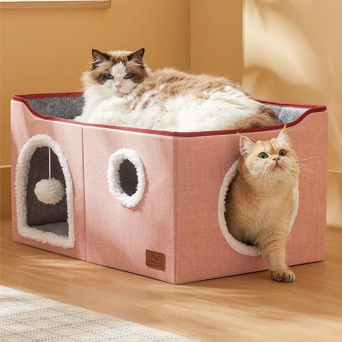 Bedsure Large Cat Beds for Indoor Cats - Extra Wide Cat Cube House for Small Pet with Fluffy Ball Hanging and Scratch Pad, Foldable Pet Cave Hideaway for Multiple Cats, 23.6x16.9x13 inches,Pink